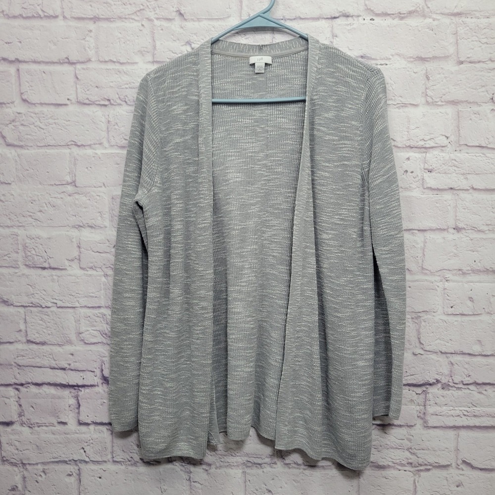 J Jill Gray Knit Open Front Cardigan Sweater Sz MP Linen Blend Minimalist Preppy